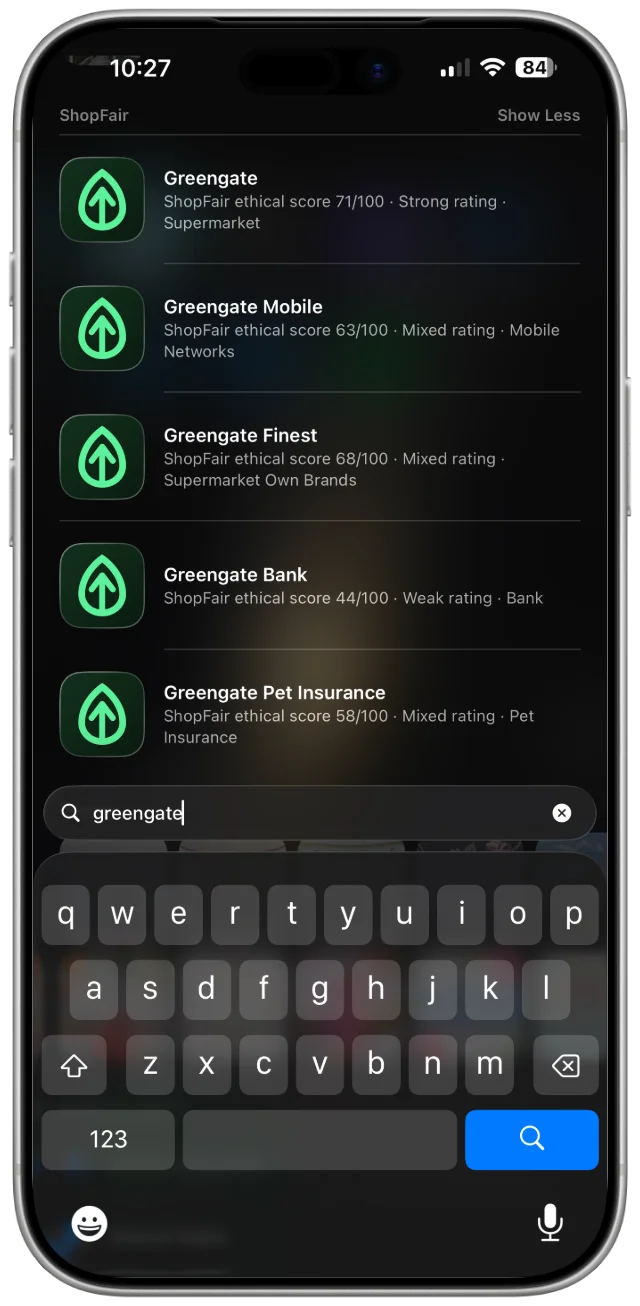 ShopFair brand scores in iOS search results