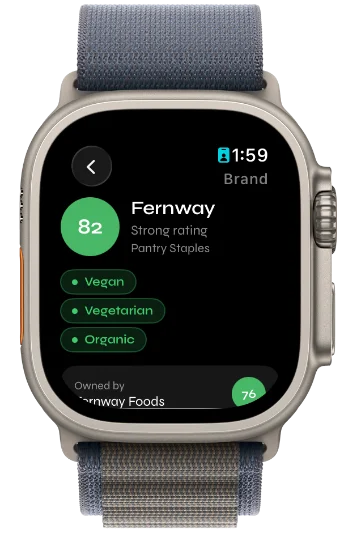 A brand score with certification pills on Apple Watch